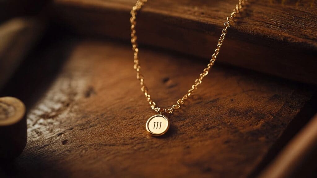 Elegant gold pendant necklace engraved with 111 angel number, symbolizing clarity and the start of new opportunities.