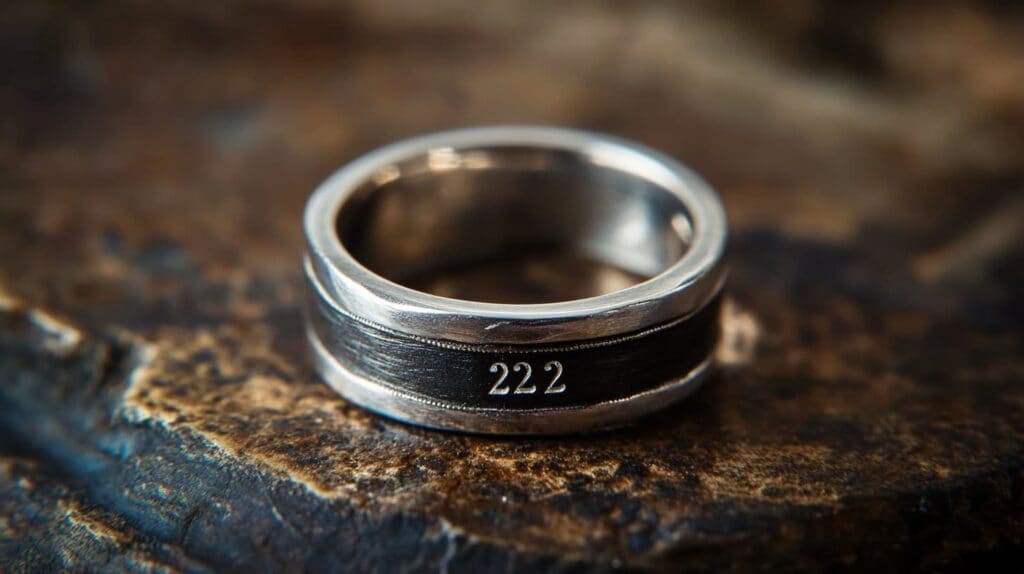 Silver ring with 222 angel number engraved, representing balance, harmony, and nurturing relationships.
