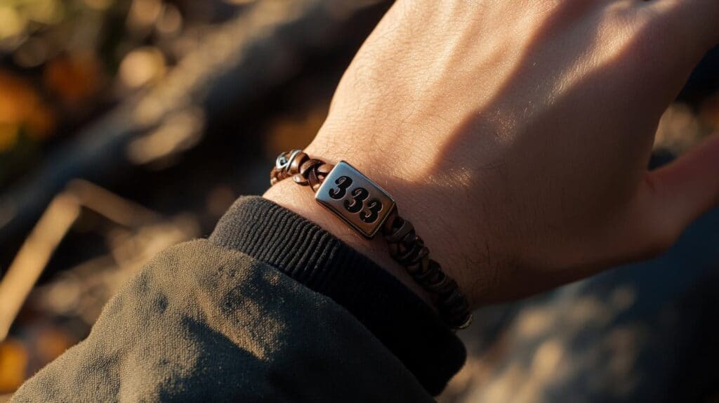 Close-up of a bracelet featuring the 333 angel number, symbolizing creativity, growth, and spiritual guidance.
