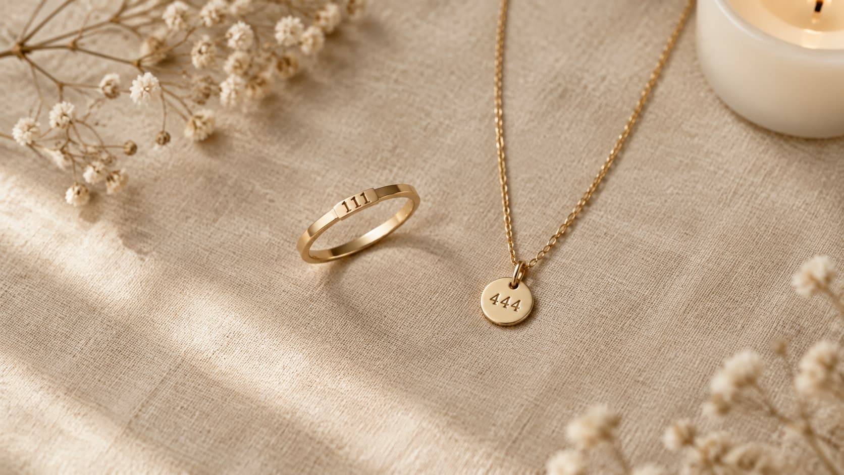 Gold ring engraved with 111 and a gold necklace pendant stamped with 444, resting on beige linen with dried flowers and a lit candle