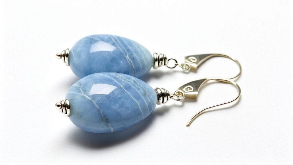 Pair of drop earrings made with polished Angelite stones and silver hooks, highlighting white natural banding