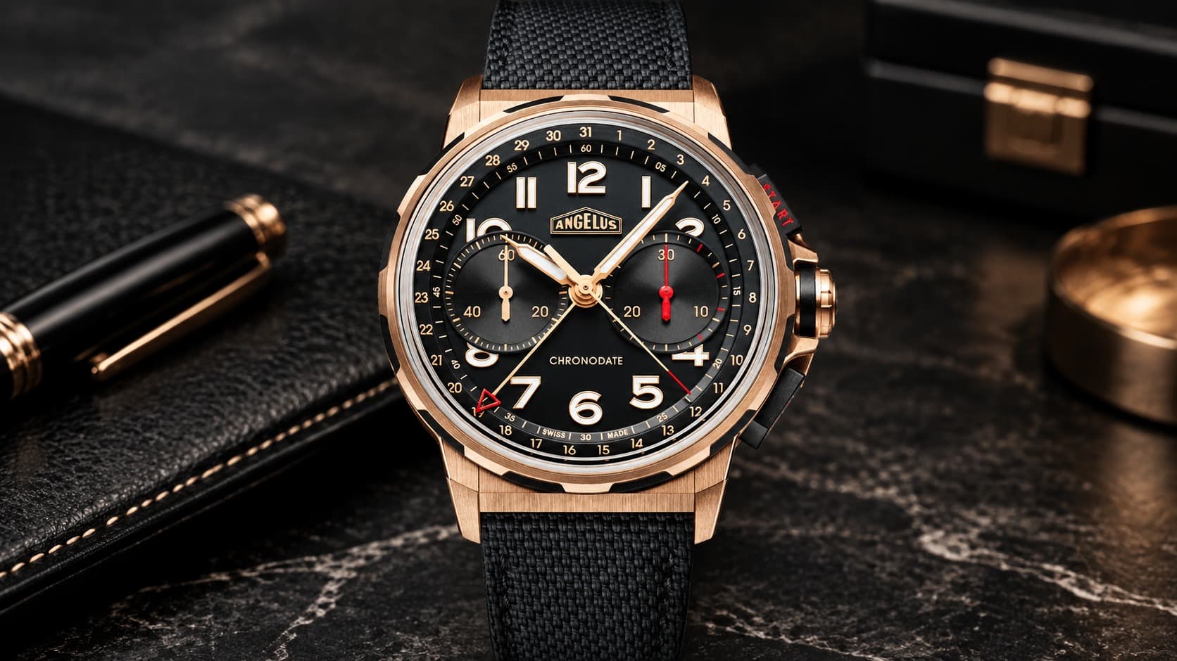 Angelus Chronodate Red Gold Black chronograph watch with a black dial and dual sub-registers