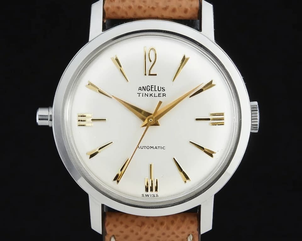 Vintage Angelus Tinkler automatic watch with clean white dial, gold hour markers, stainless steel case and brown perforated leather strap