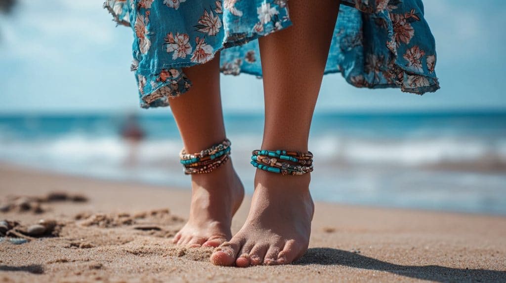 Woman wearing layered turquoise and brown beaded anklets on the beach, demonstrating proper anklet placement with a floral dress