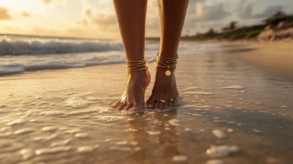 Close-up of woman's feet adorned with gold anklets standing on a sandy beach at sunset, showcasing beach-friendly summer jewelry.
