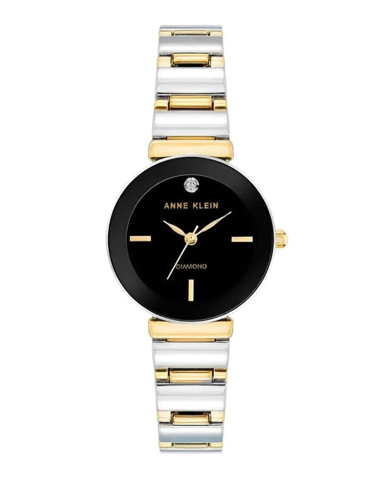 Anne Klein diamond-accented women's watch with black dial and two-tone gold silver metal bracelet displaying luxury style