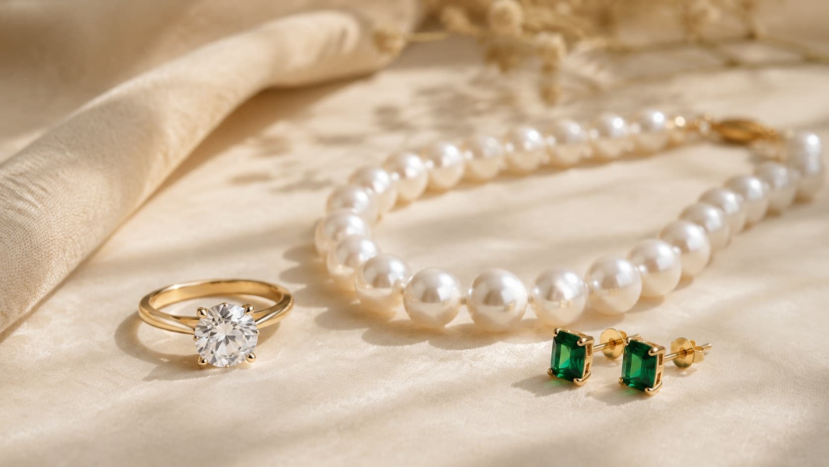 Diamond ring, pearl necklace, and emerald stud earrings arranged as anniversary jewelry