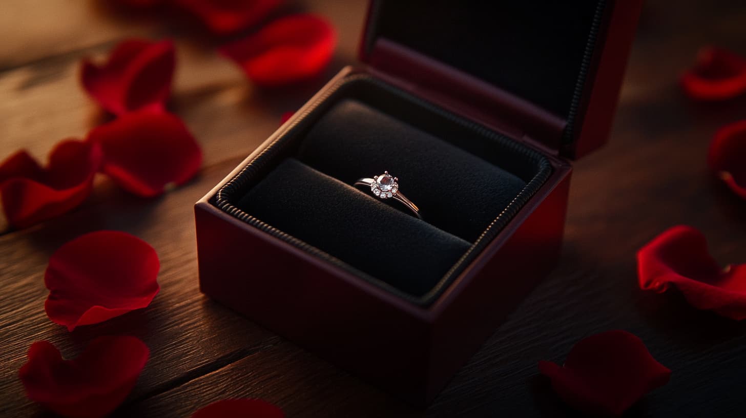 Diamond solitaire ring in a red gift box surrounded by scattered red rose petals