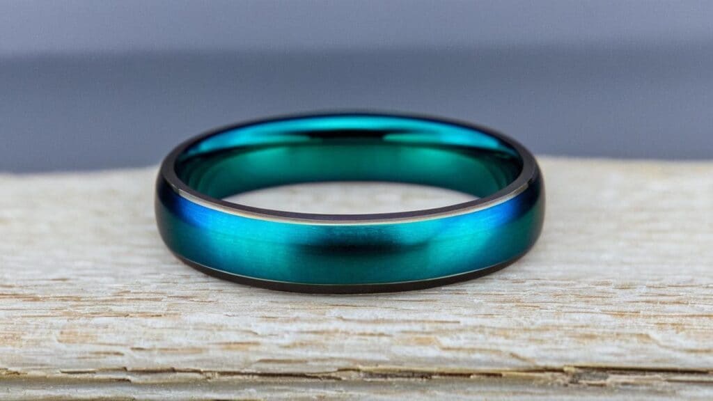 A sleek niobium wedding band with a blue-to-green anodized finish, highlighting the metal’s unique color transformation and lightweight comfort.