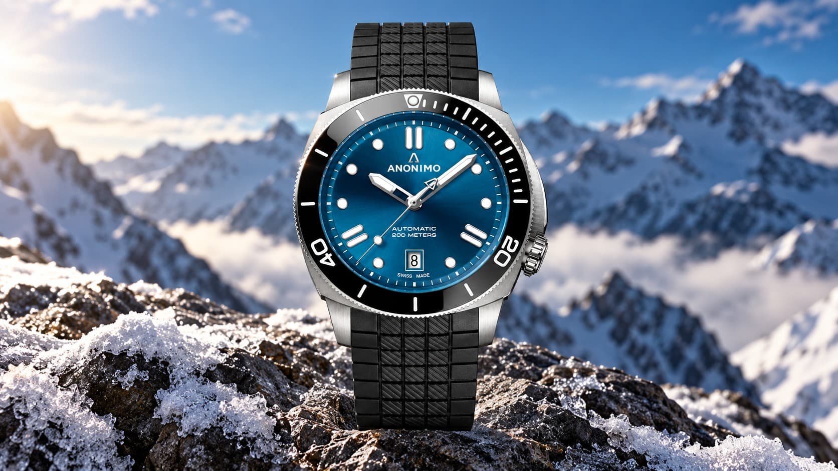 Anonimo Nautilo Nendaz Freeride dive watch with blue dial and black rubber bracelet on snowy mountain rocks