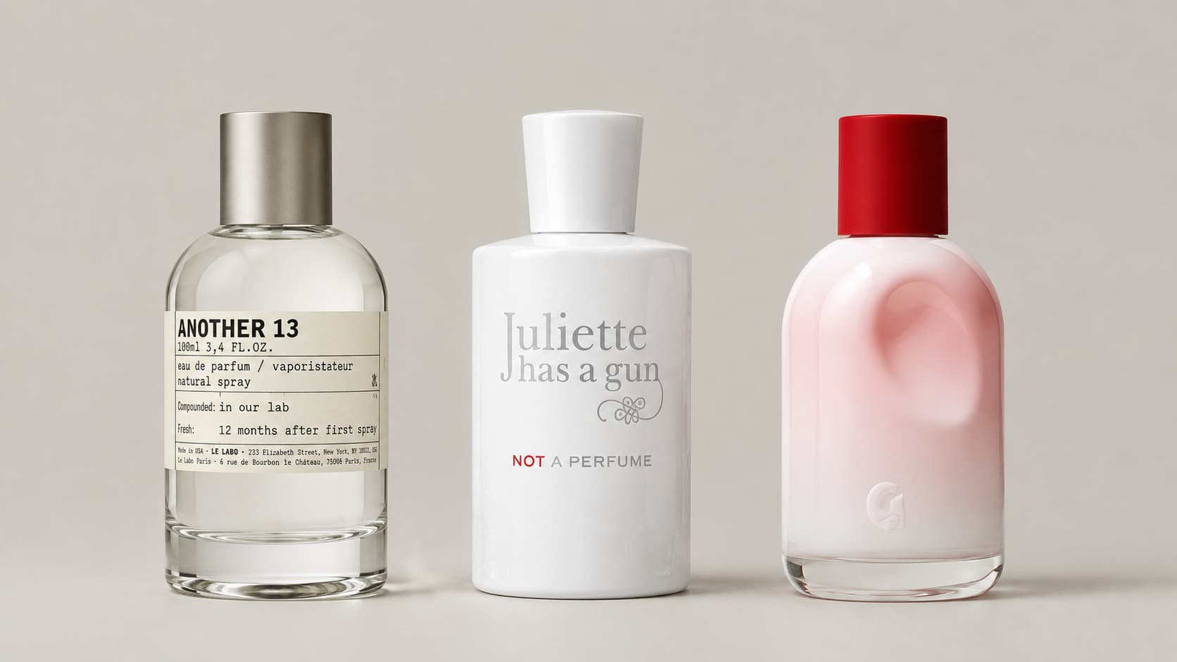 Le Labo Another 13, Juliette Has A Gun Not A Perfume and Glossier You skin scent perfumes side by side