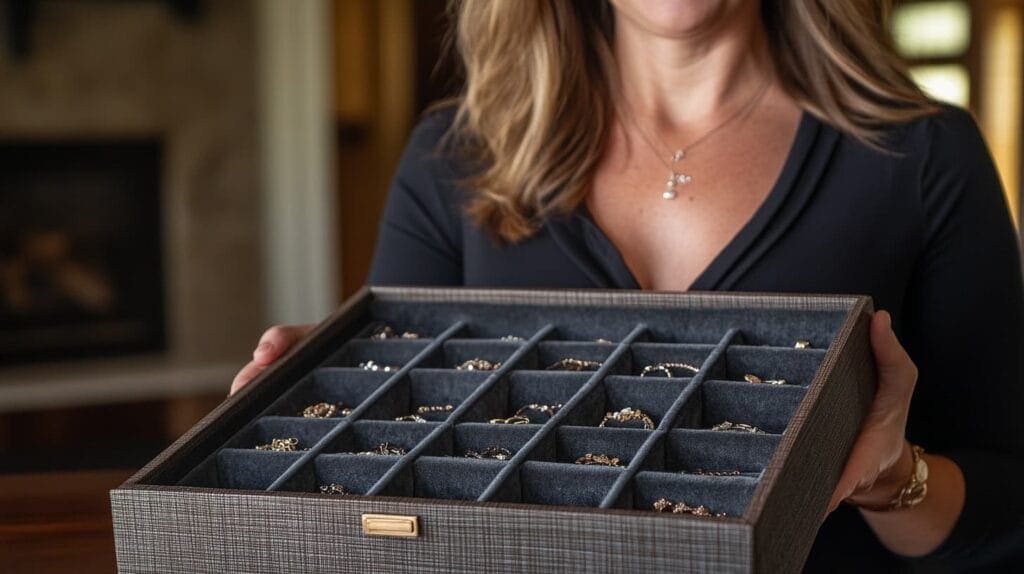 Woman holding a jewelry storage box with individual compartments to protect gold jewelry from tarnishing.