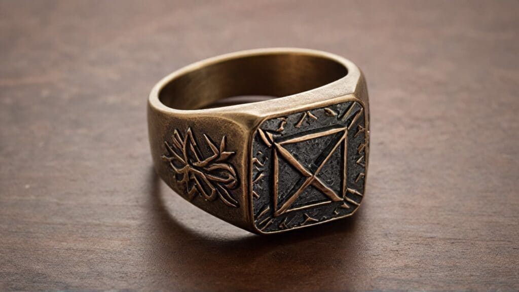 Vintage-style bronze signet ring featuring an engraved geometric design and intricate side details, resting on a dark wooden surface.