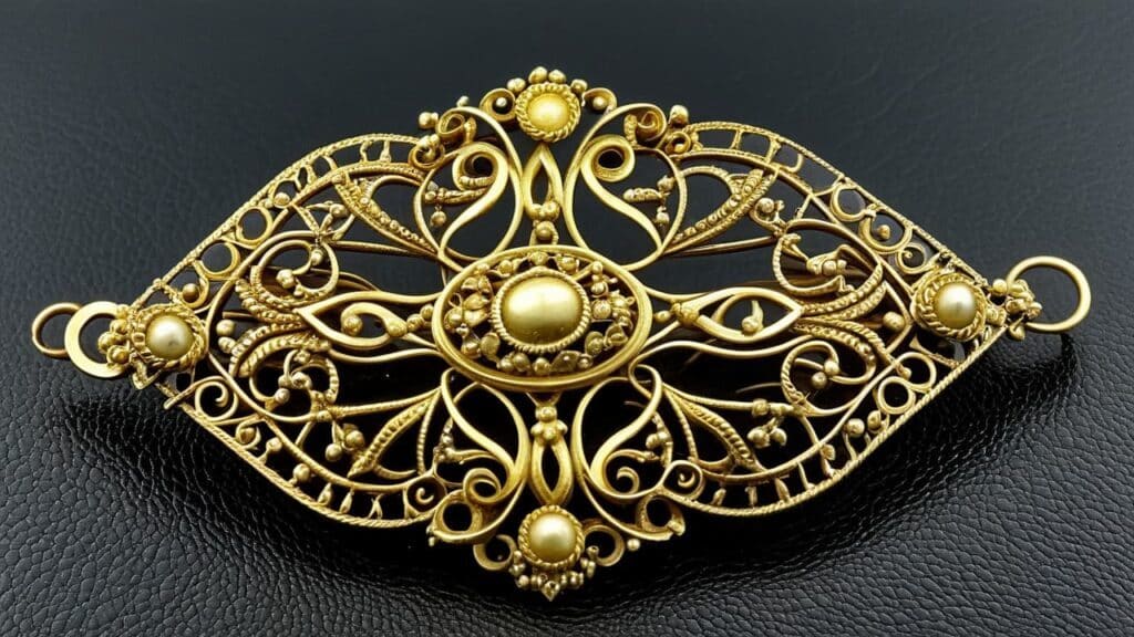 Antique cannetille gold brooch showcasing intricate three-dimensional wire work with scrolls, rosettes and granulation typical of Georgian jewelry from 1820s-1830s