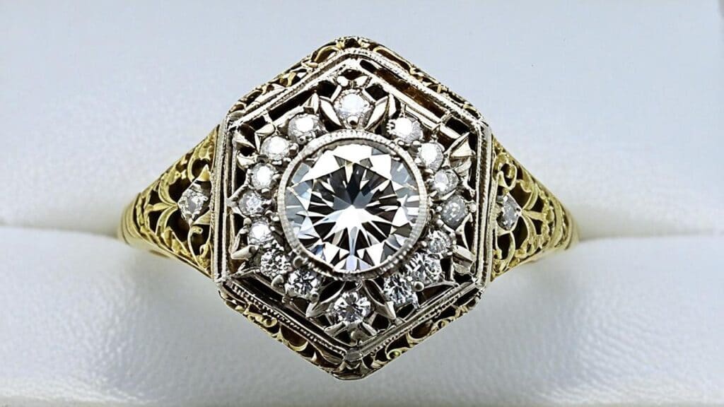 Antique Edwardian filigree diamond ring with intricate handcrafted gold and platinum setting