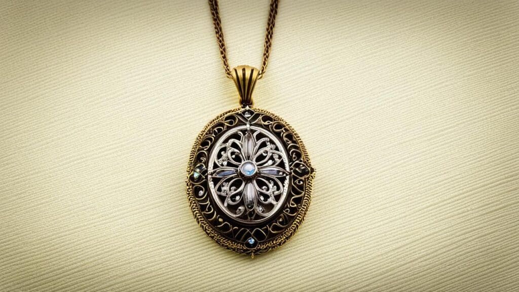 Antique estate jewelry pendant crafted in gold and silver with intricate filigree details and accent gemstones in a vintage design.