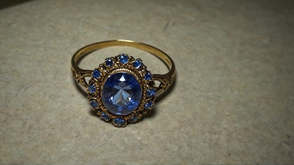 Antique Georgian style halo ring with foil backed blue center stone surrounded by smaller foil enhanced gems in closed back gold setting