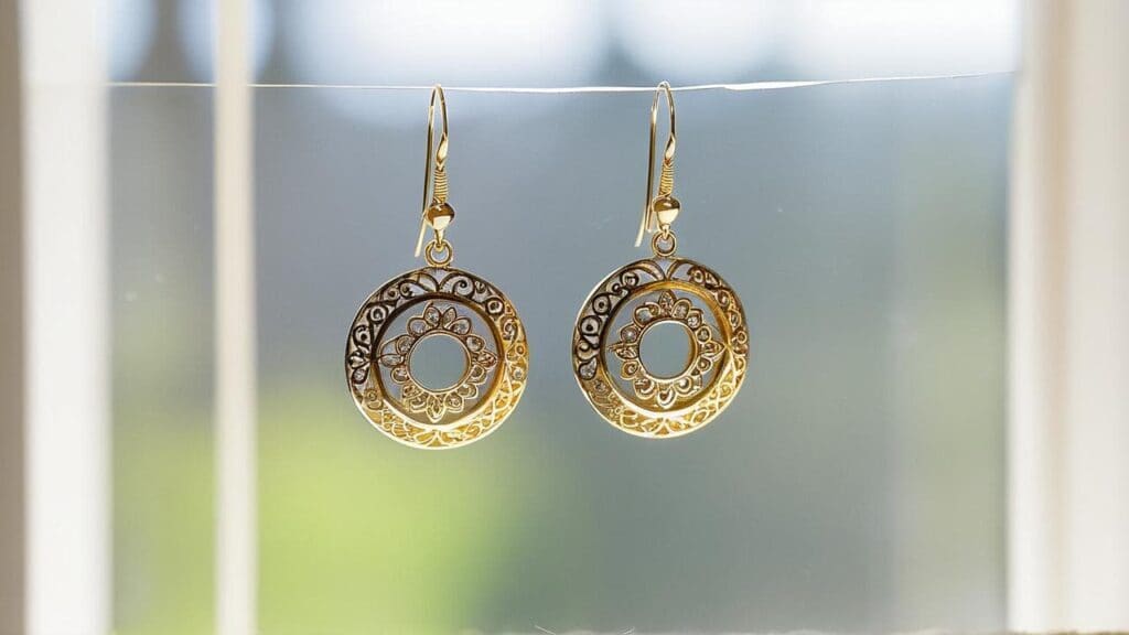 A pair of antique-style gold filigree dangle earrings, highlighting the need for jewelry authentication and condition evaluation by experts.