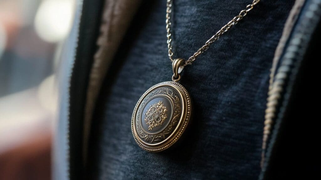 Close-up of an antique gold locket enhancer pendant with intricate detailing, worn on a chain.