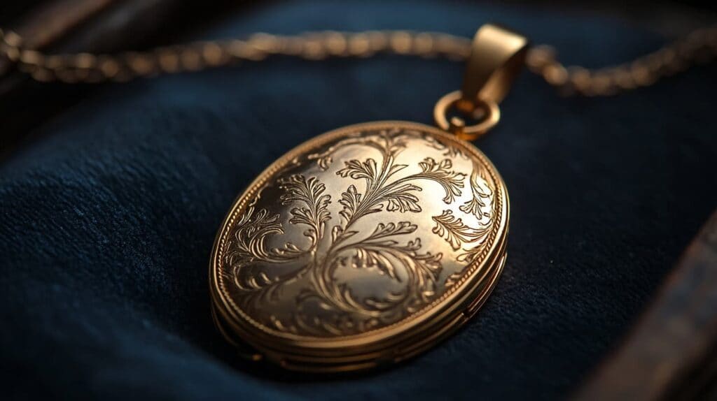 An antique gold locket with ornate floral engraving displayed on a dark velvet background, highlighting its intricate craftsmanship and vintage appeal.