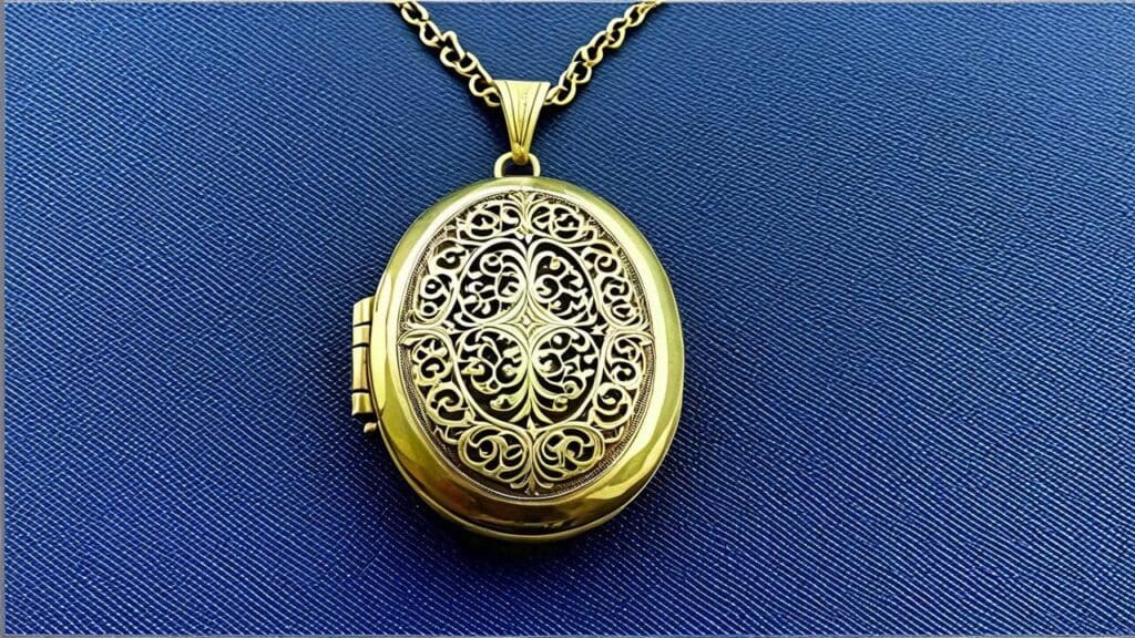 Antique gold oval locket necklace featuring detailed filigree in Victorian style