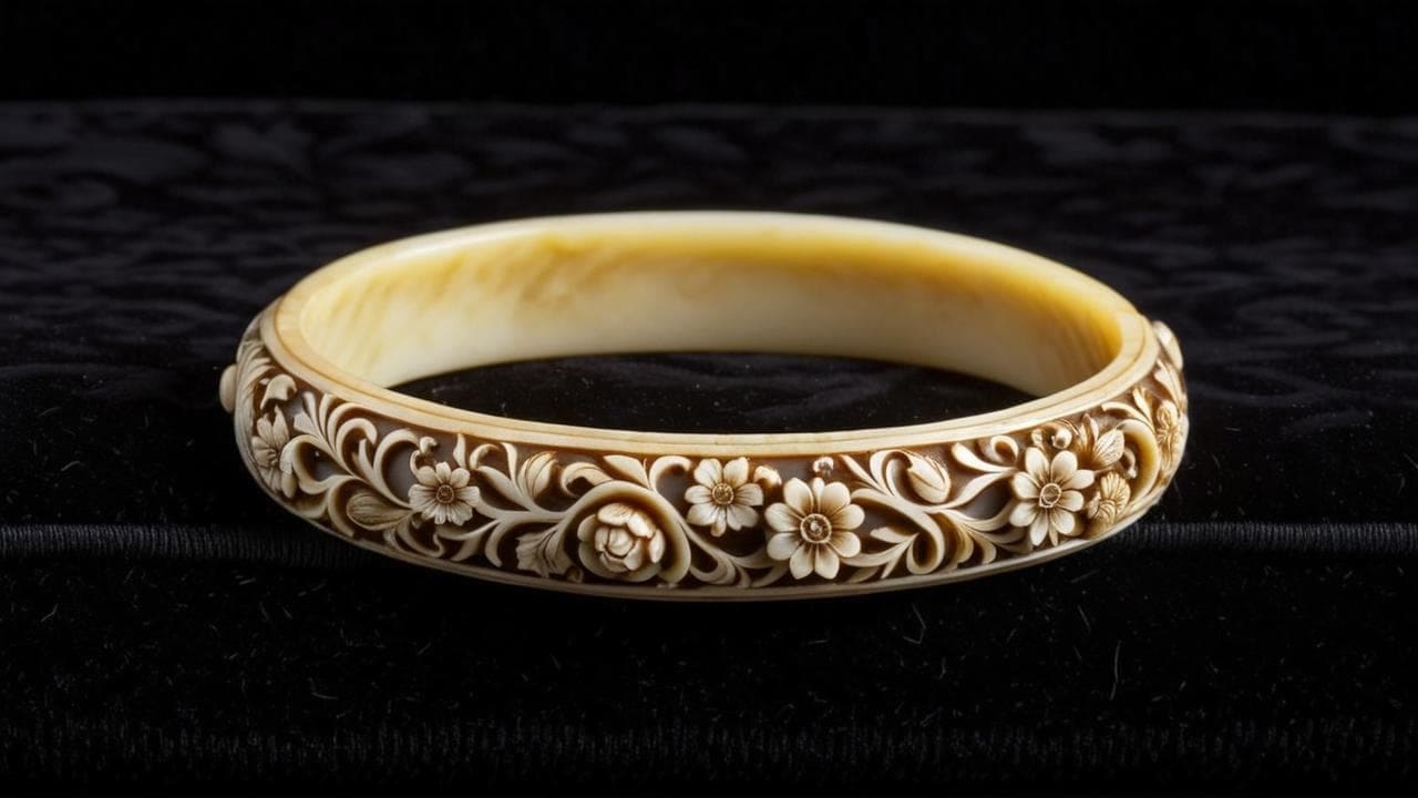 Antique ivory bangle carved with detailed flowers and scrollwork on black velvet