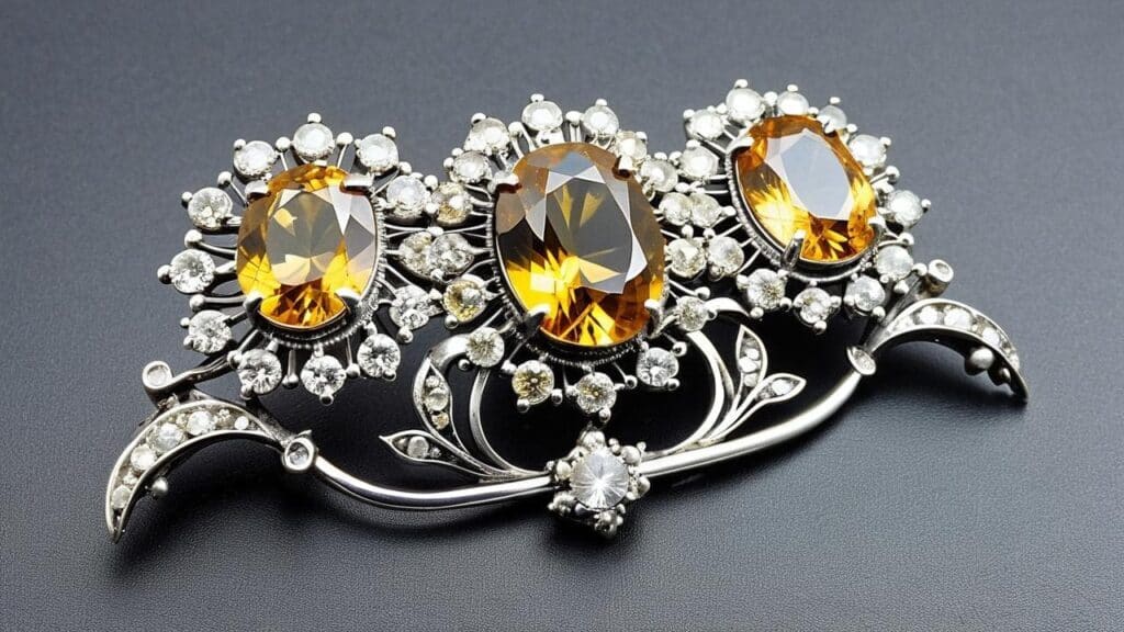 An ornate vintage brooch featuring three oval-cut legrandite gemstones surrounded by sparkling diamonds, set in an intricate silver floral design, highlighting the elegance of legrandite jewelry.
