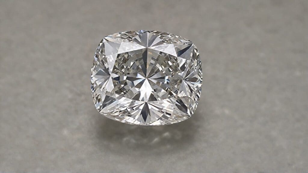 A beautifully faceted Old Mine Cut diamond with a squarish cushion shape, reflecting its historical craftsmanship and unique sparkle.