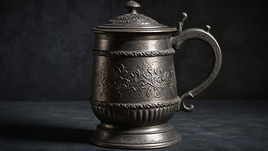 An antique pewter tankard with ornate engravings and a decorative handle, reflecting the historical craftsmanship of pewter drinkware.