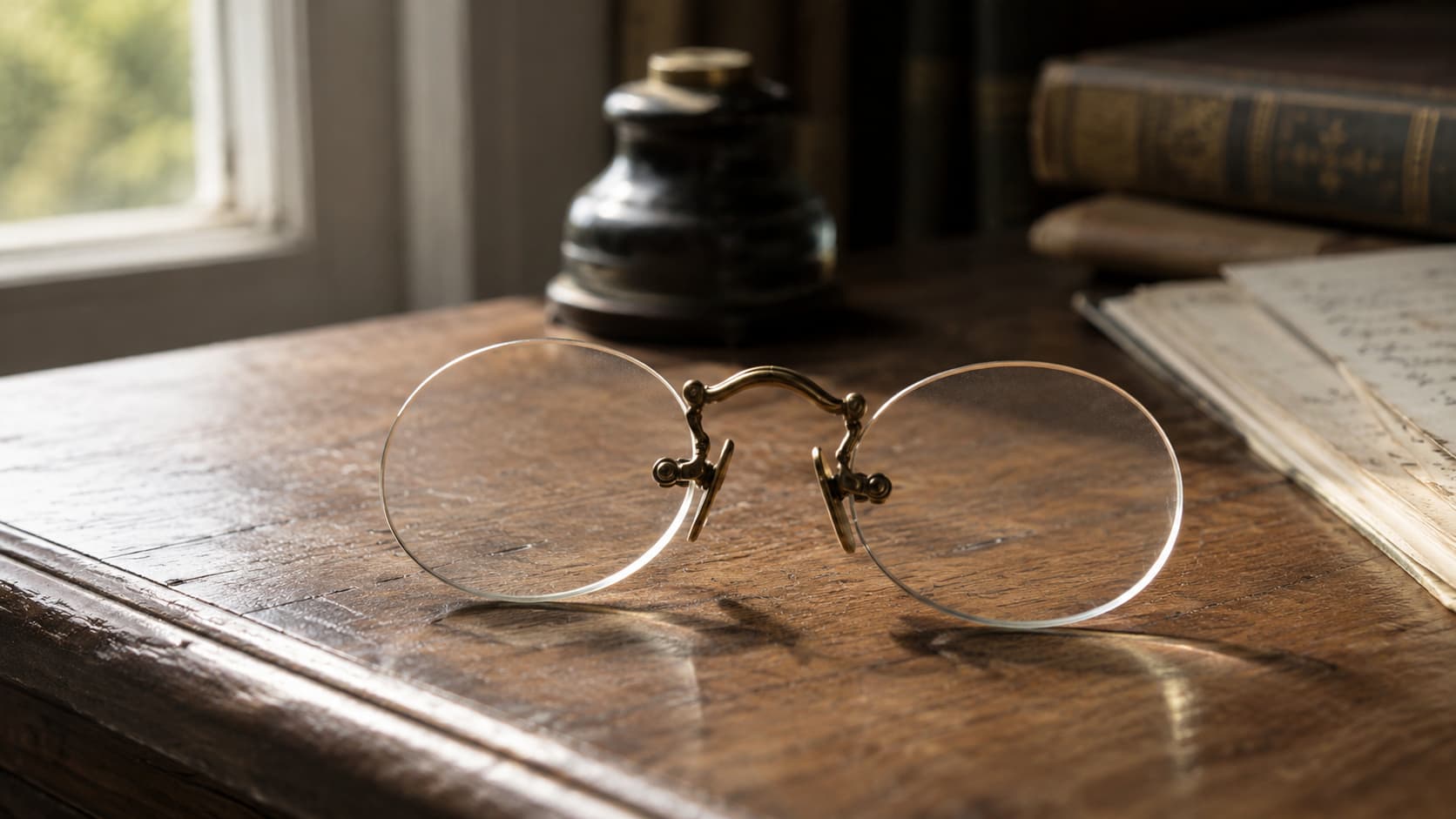 Close-up of antique gold pince-nez glasses resting on a wooden desk