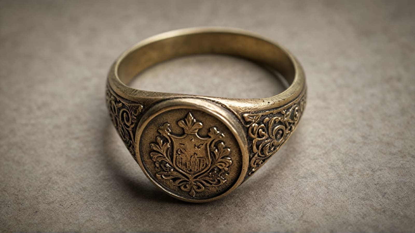 Antique brass-gold signet ring with an engraved crest and scrolled shoulders