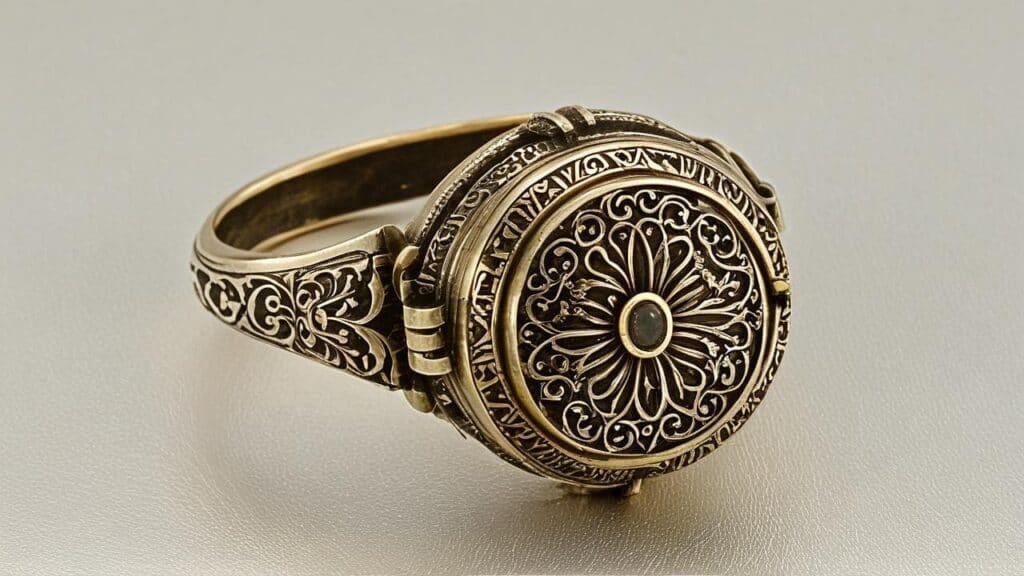 Ornate antique poison ring with intricate engravings and decorative patterns showing closed secret compartment mechanism