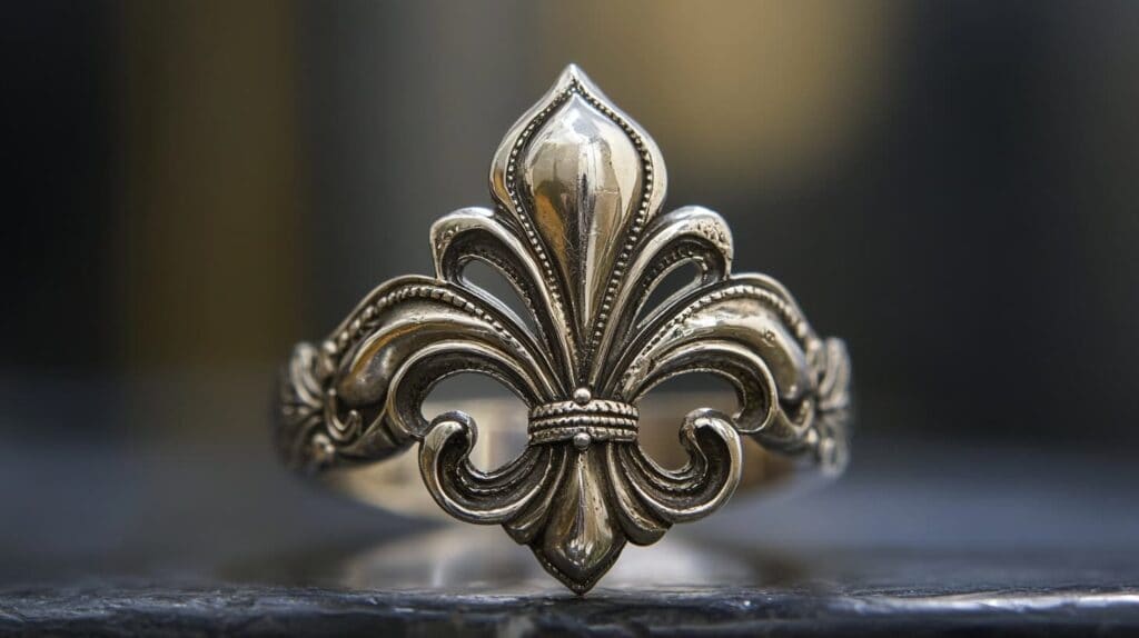 Intricate silver fleur-de-lis ring with antique finish, symbolizing honor and connection to French heritage.
