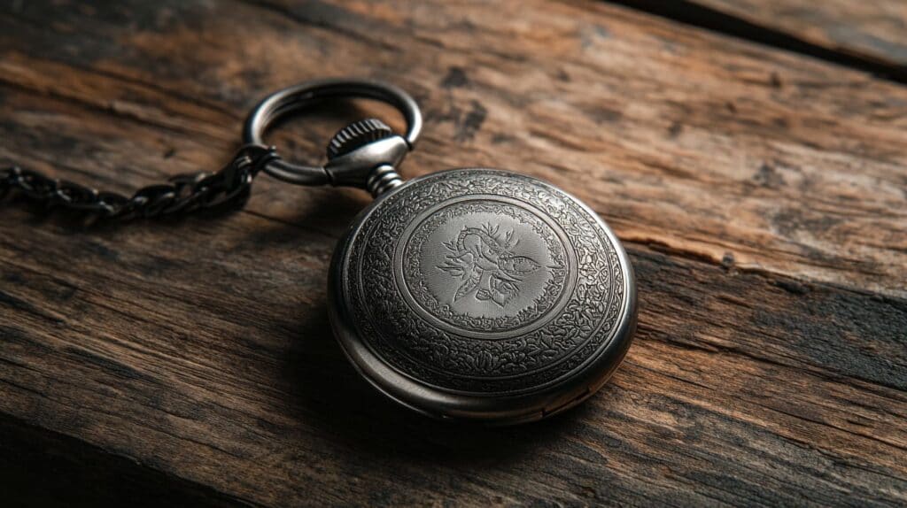 Vintage silver pocket watch with ornate engravings, placed on a rustic wooden surface.
