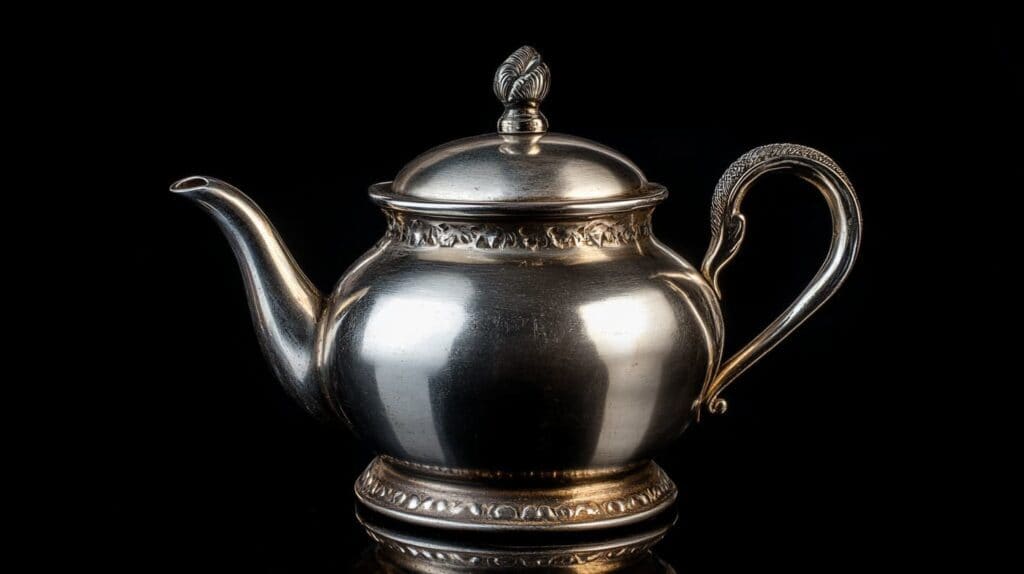 A beautifully crafted antique silver teapot with an engraved handle and intricate detailing, set against a black background.