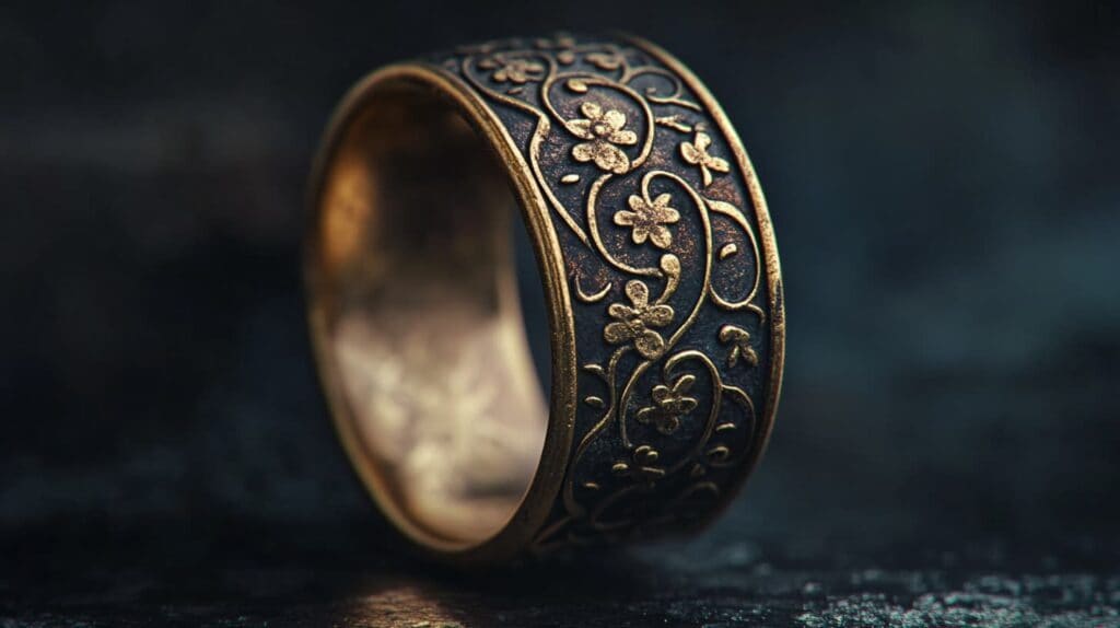 An antique-style brass ring with an oxidized floral pattern, demonstrating the beauty of aged brass jewelry and its decorative appeal.