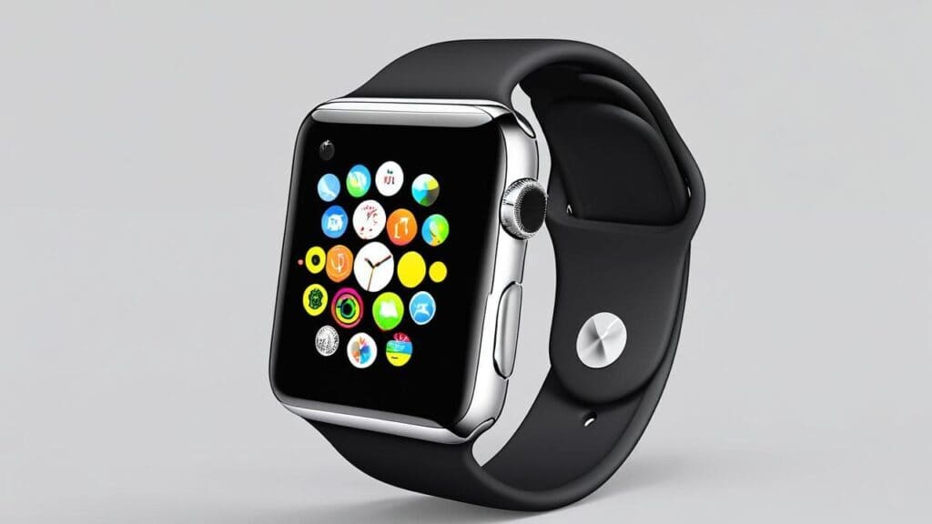Apple Watch with stainless steel case and black sport band displaying colorful app icons in a honeycomb grid pattern on the home screen