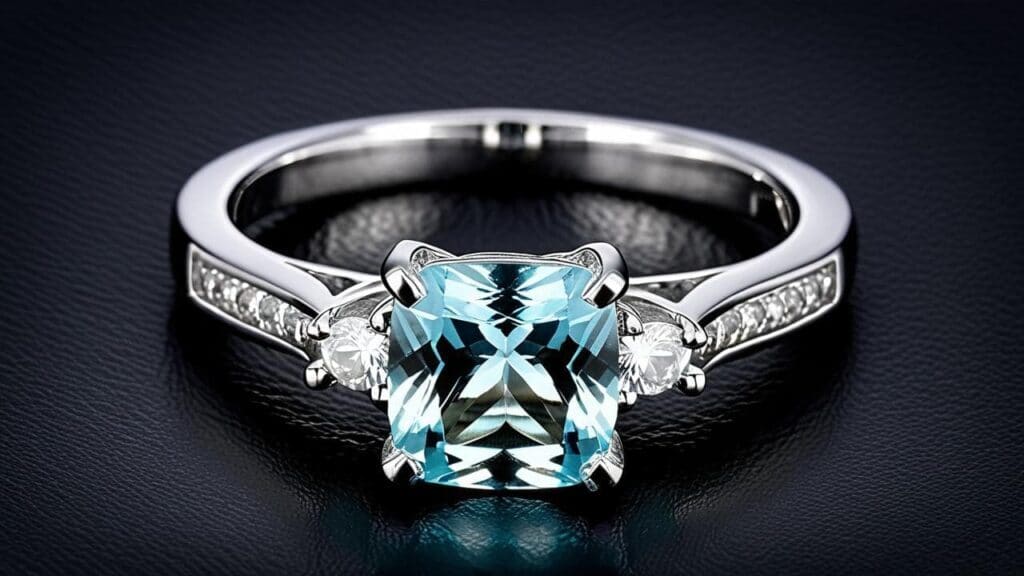 A breathtaking aquamarine engagement ring with a cushion-cut center stone, set in a white gold band with diamond side stones.