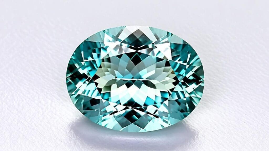 Brilliant-cut aquamarine gemstone, generally safe for ultrasonic cleaning if inclusion-free