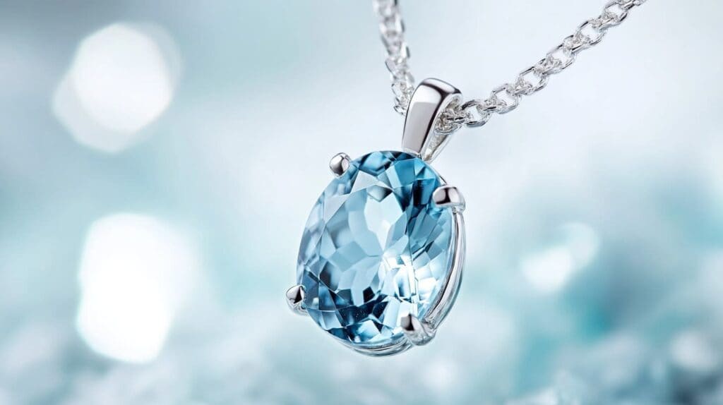 A sparkling oval-cut aquamarine gemstone pendant set in silver, elegantly displayed on a fine chain against a soft, light blue background.