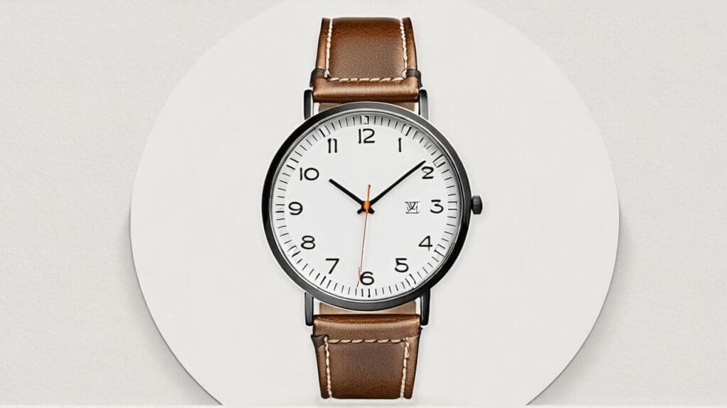 Watch with clear Arabic numerals on white dial and brown leather strap displaying proper font quality and alignment characteristics