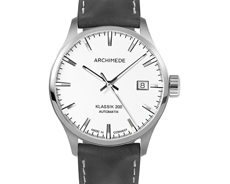 Archimede Klassik 200 dress watch with white dial, steel case and gray leather strap