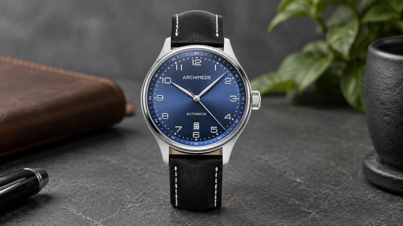 Archimede Klassik 42 dress watch with blue dial and black leather strap