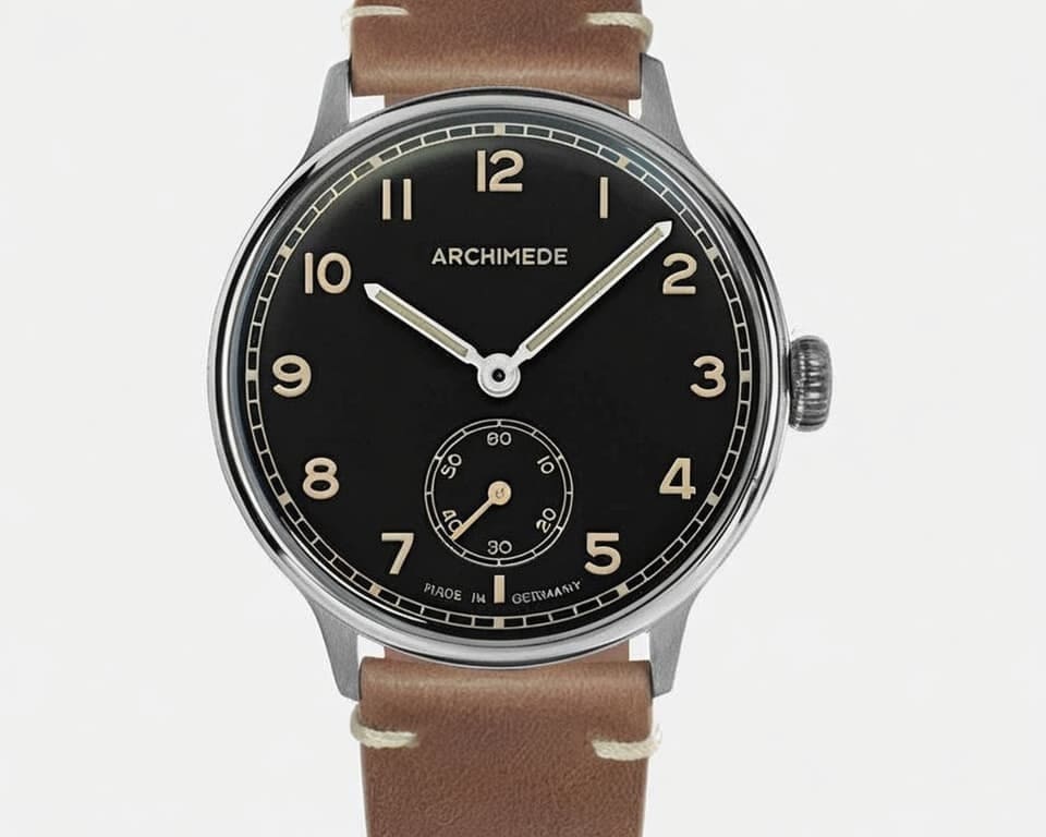 Archimede pilot hand wound watch featuring black dial with Arabic numerals, small seconds subdial, and brown leather strap made in Germany
