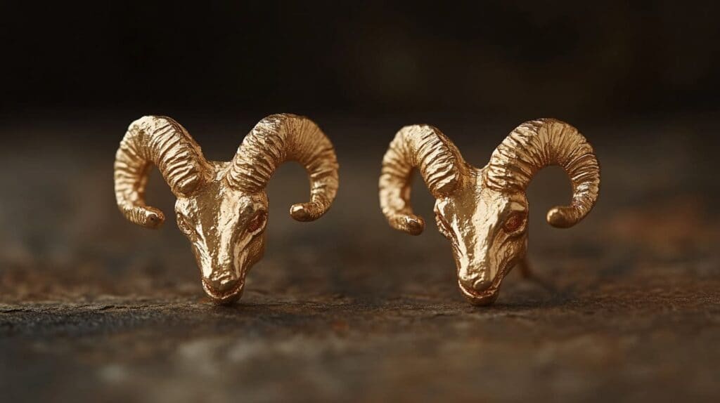 Pair of gold Aries zodiac earrings shaped like ram heads, embodying the fierce and dynamic nature of the Aries constellation.