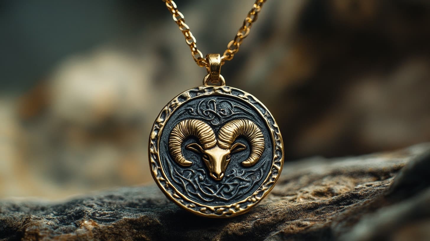 Gold Aries pendant with an embossed ram's head medallion resting on rock