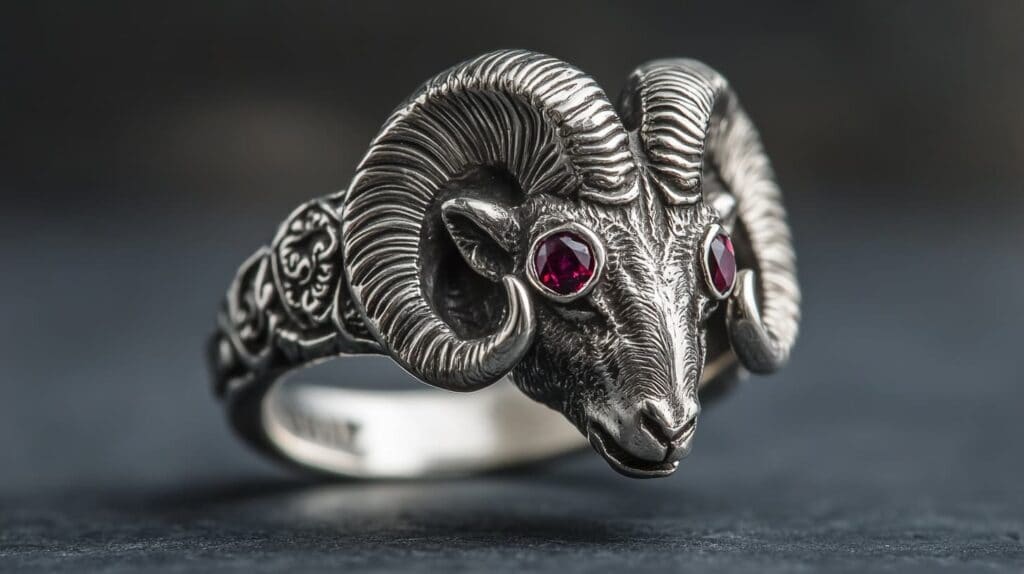 Close-up of an Aries zodiac ring featuring a detailed ram head design with ruby eyes, symbolizing strength and determination associated with the Aries sign.