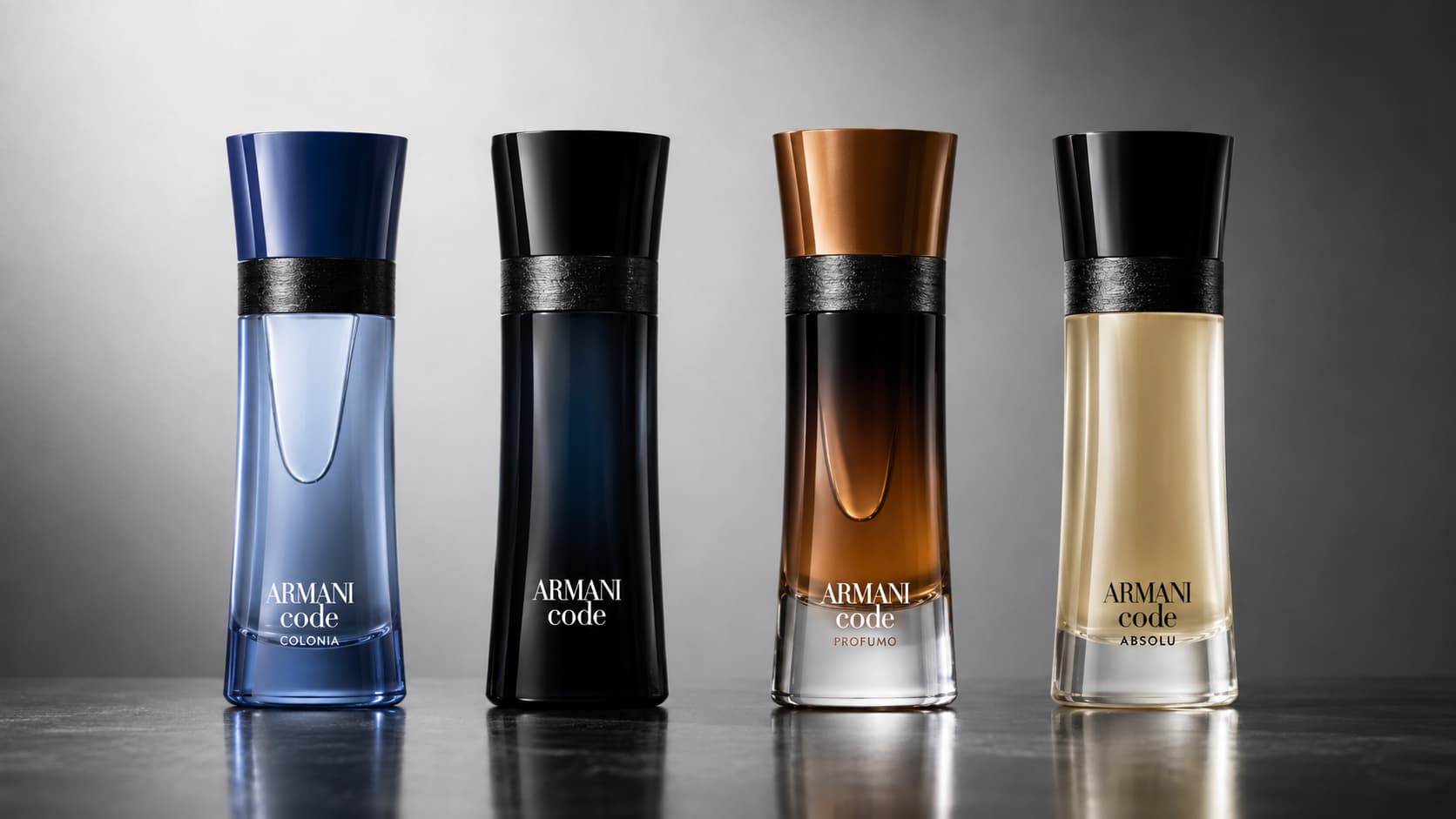 Armani Code fragrance bottles in Colonia, original, Profumo, and Absolu concentrations