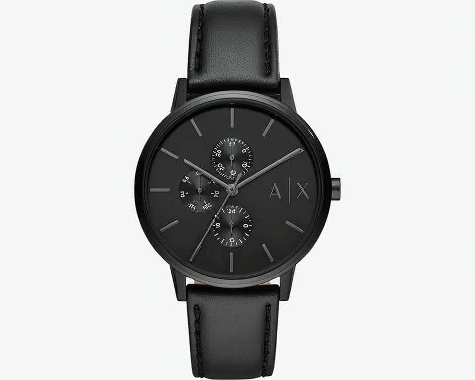 Armani Exchange black chronograph watch with three sub-dials on genuine leather strap featuring urban minimalist design