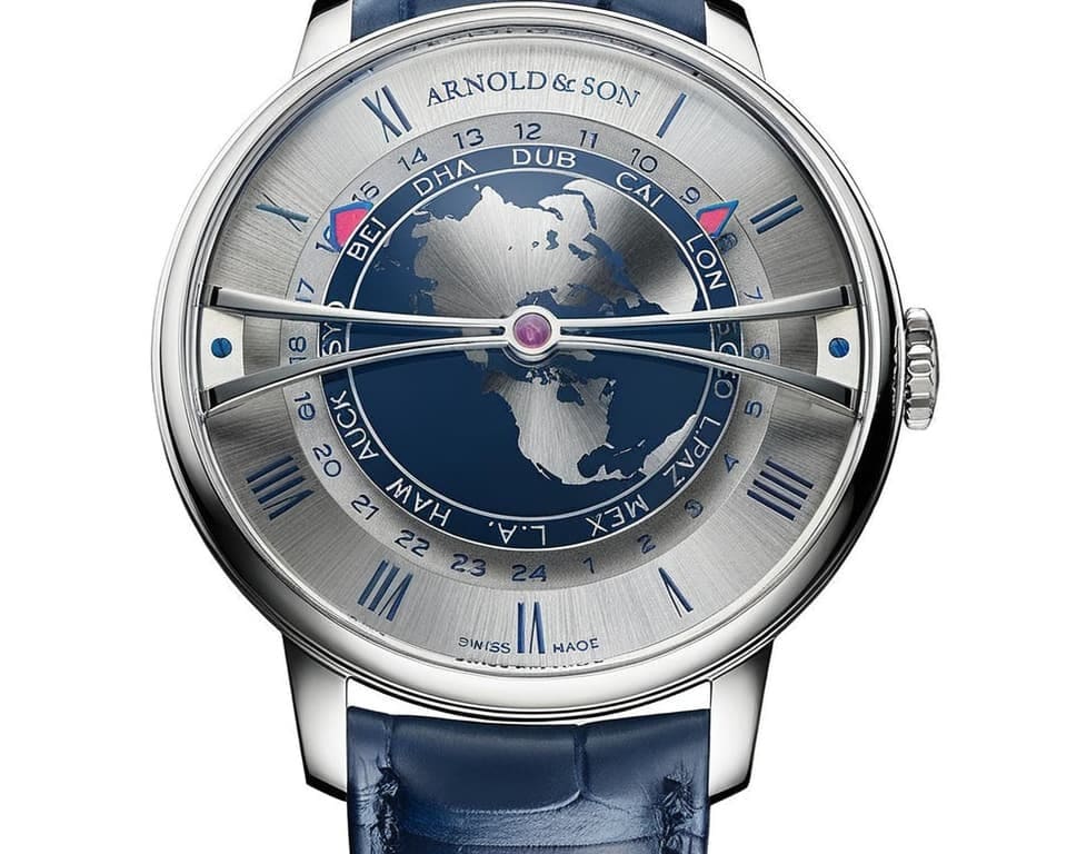 Arnold & Son world-time watch with globe motif dial and blue alligator strap